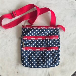 LeSportsac Navy Polka Dot Crossbody with Bright Pink Strap and Trim